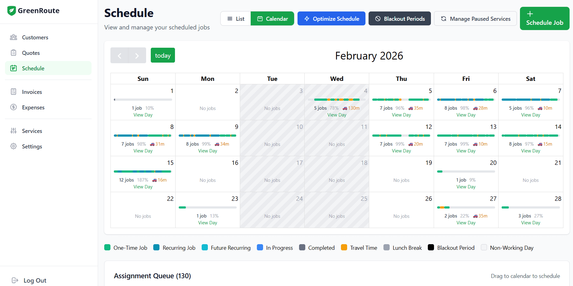 GreenRoute scheduling calendar showing jobs, recurring services, and drive route planning for a service business