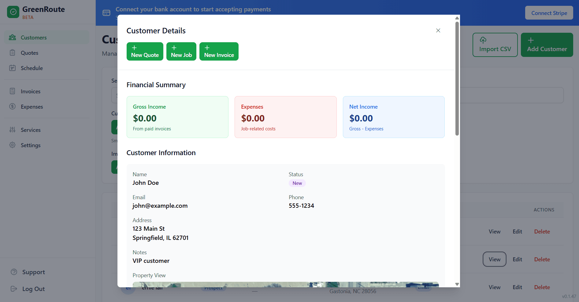 GreenRoute customer details panel showing financial summary, contact information, and quick actions for quotes, jobs, and invoices