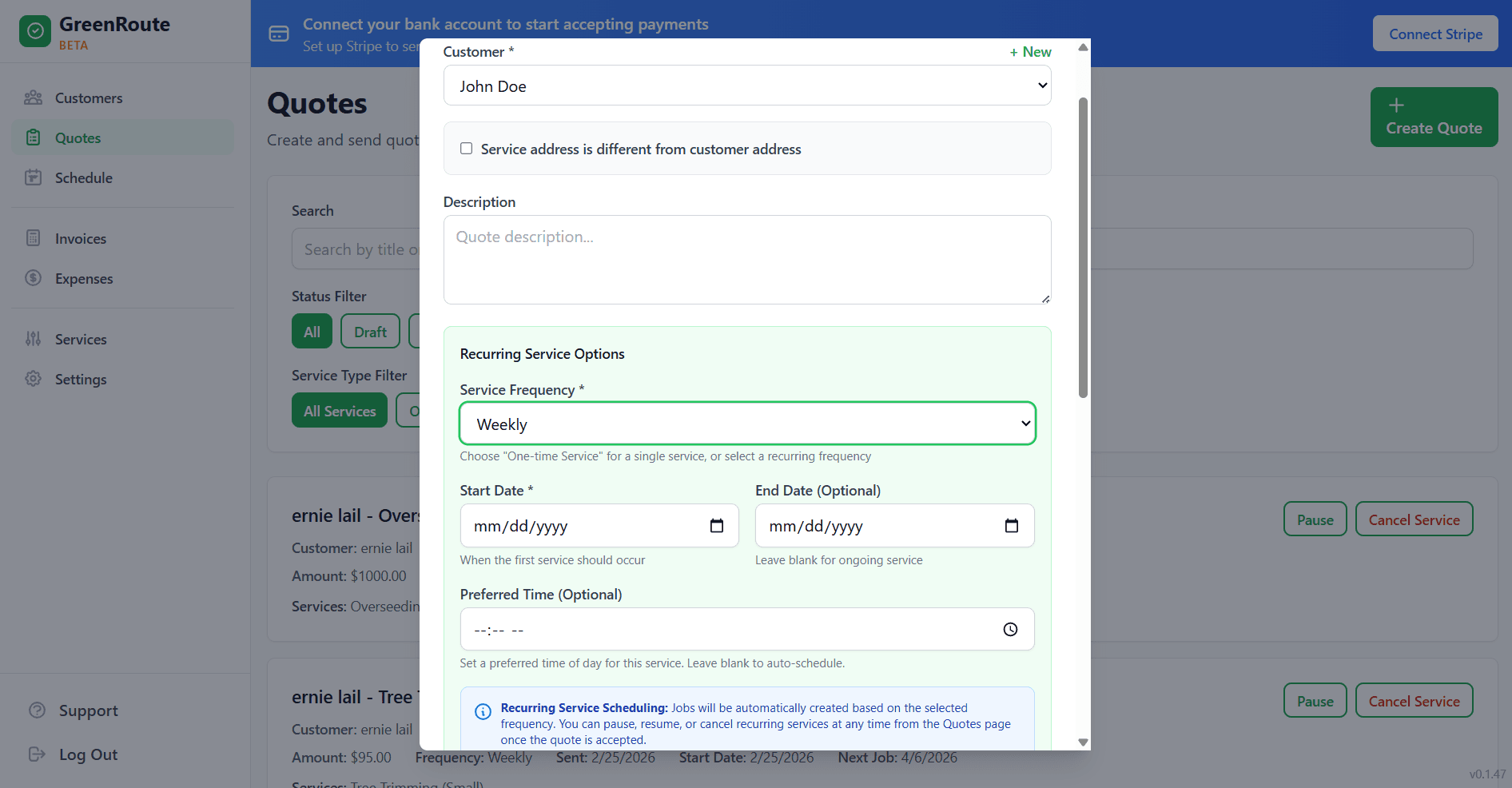 GreenRoute recurring service options showing weekly frequency, start and end dates, preferred time, and auto-scheduling info