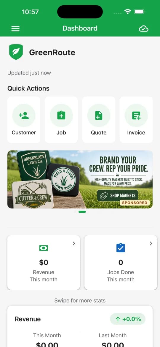 GreenRoute mobile app dashboard showing today's jobs and revenue