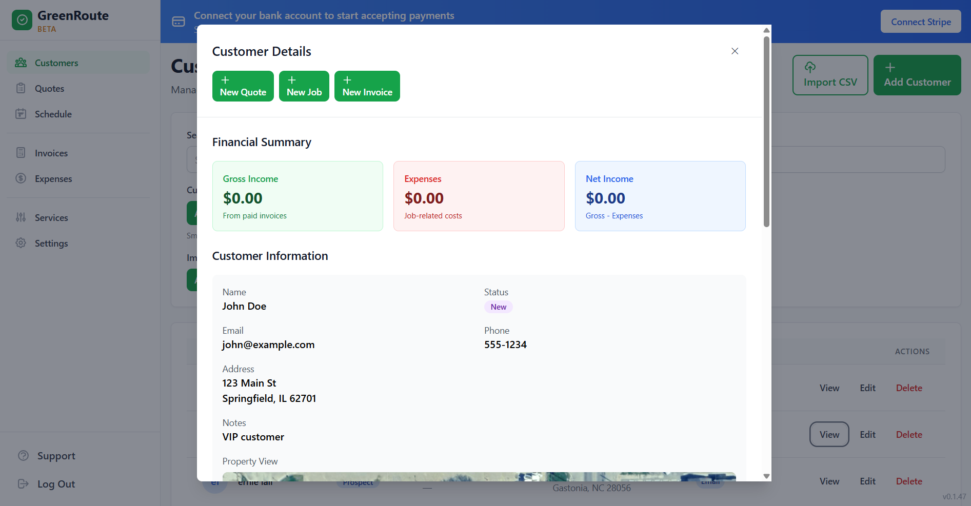 GreenRoute customer details panel showing financial summary, contact information, and quick actions for quotes, jobs, and invoices