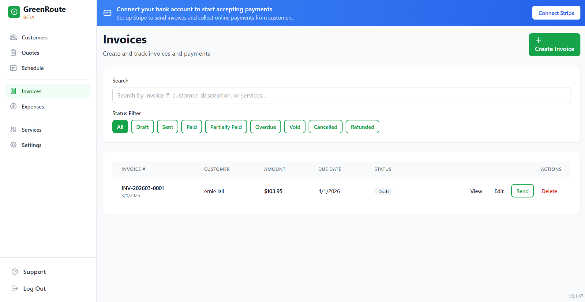 GreenRoute invoicing dashboard showing invoice search, status filters, and invoice table with customer details and payment status
