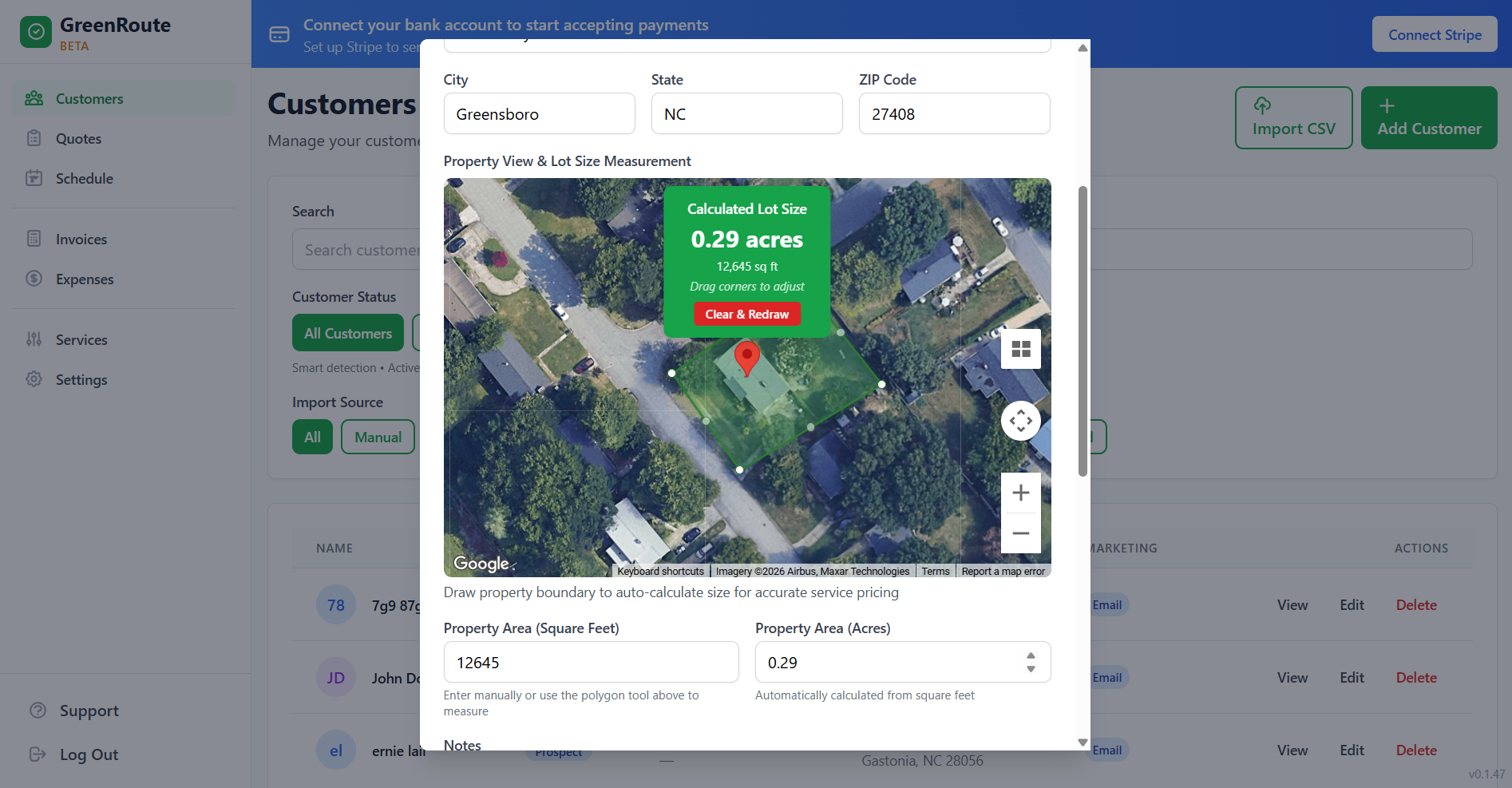 GreenRoute property measurement tool showing satellite view with polygon boundary, calculated lot size of 0.29 acres, and area in square feet