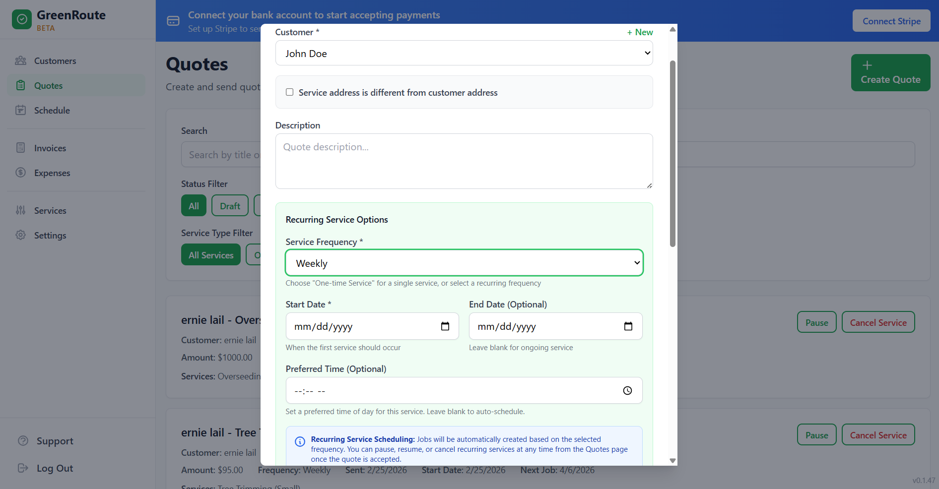 GreenRoute recurring service options showing weekly frequency, start and end dates, preferred time, and auto-scheduling info