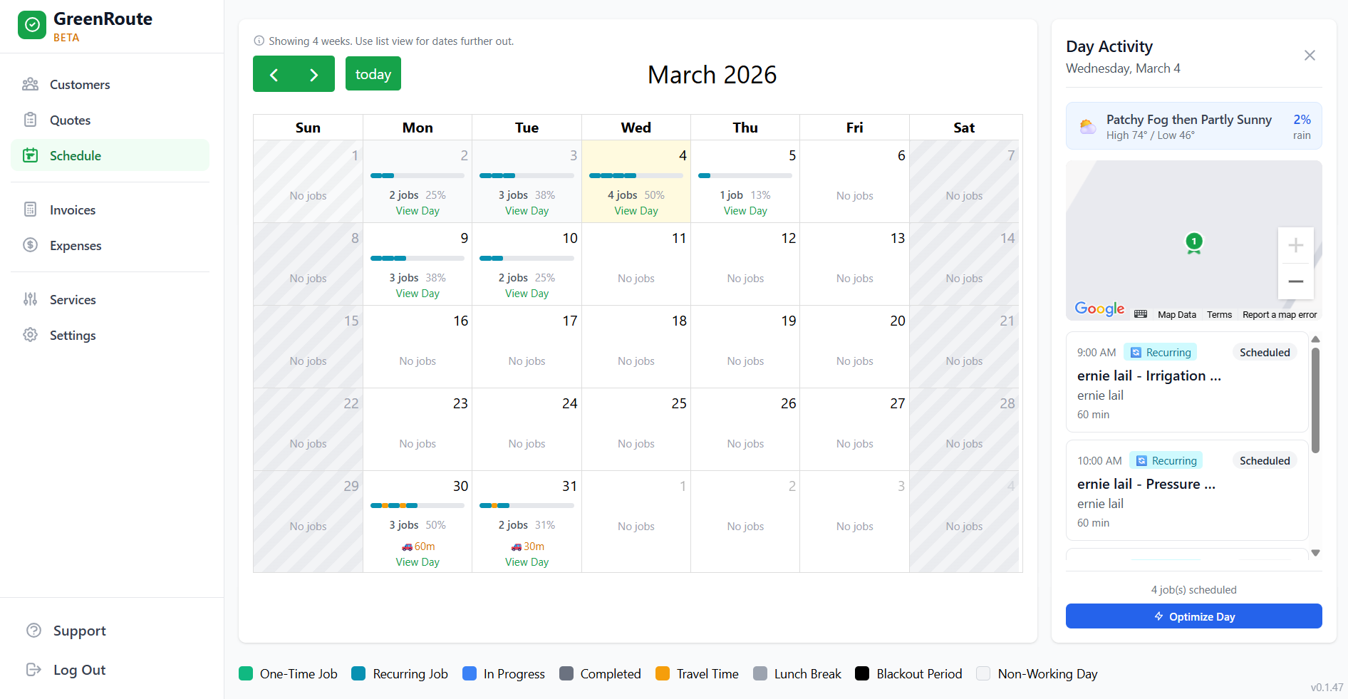 GreenRoute schedule with map view and Optimize Day button for minimizing drive time between jobs