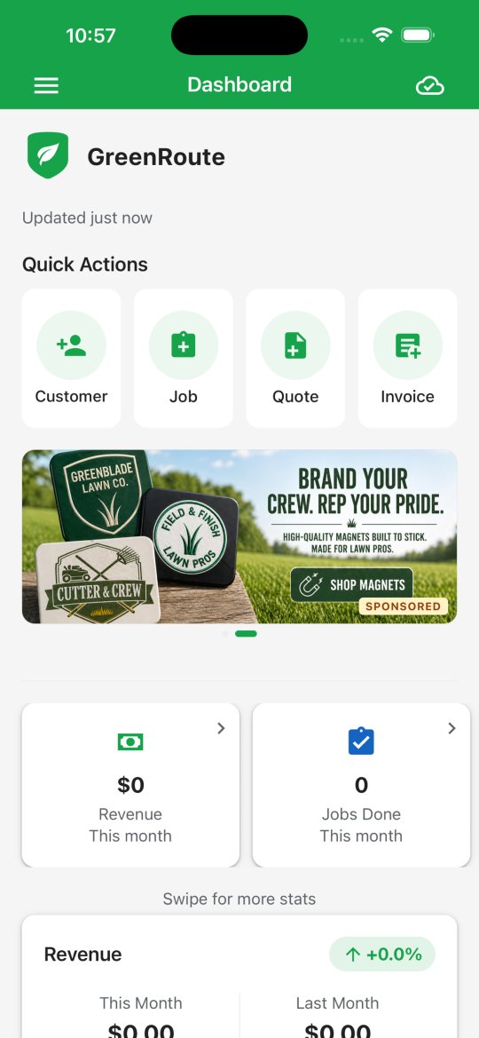 GreenRoute mobile app dashboard showing today's jobs and revenue