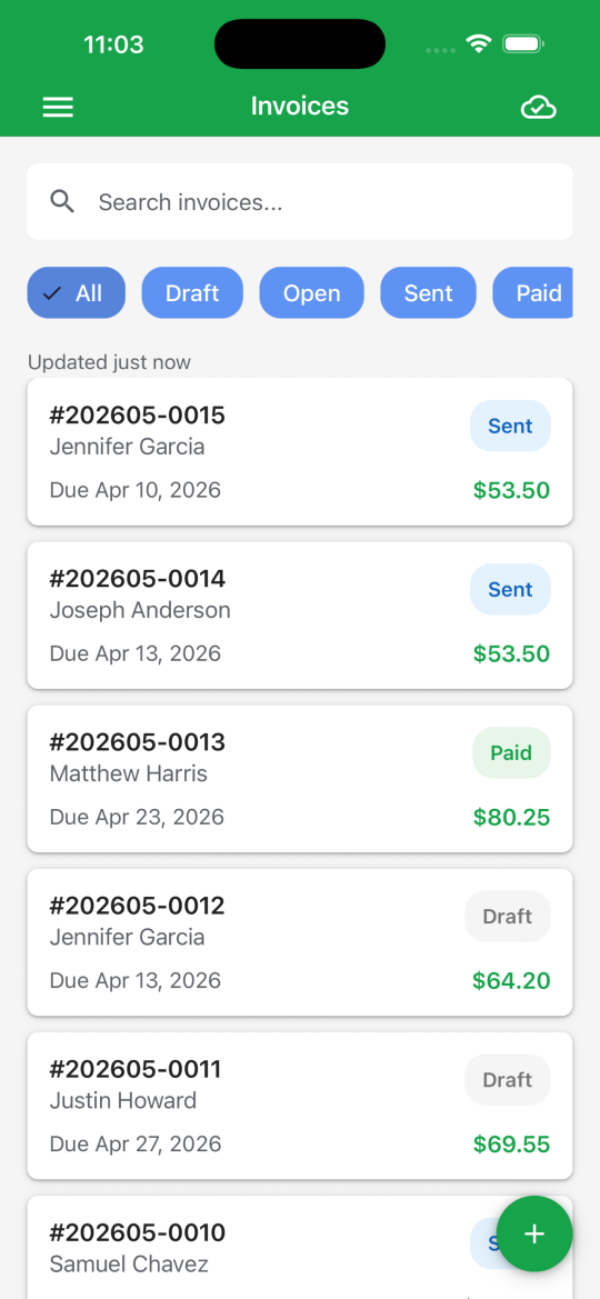 GreenRoute mobile app invoices list
